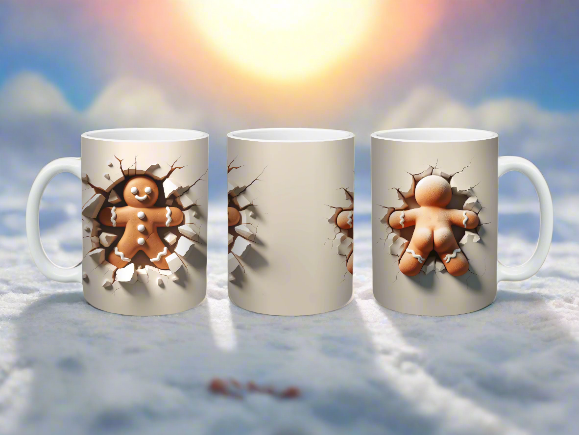 A festive mug featuring a 3D gingerbread man smashing through the side of the mug.