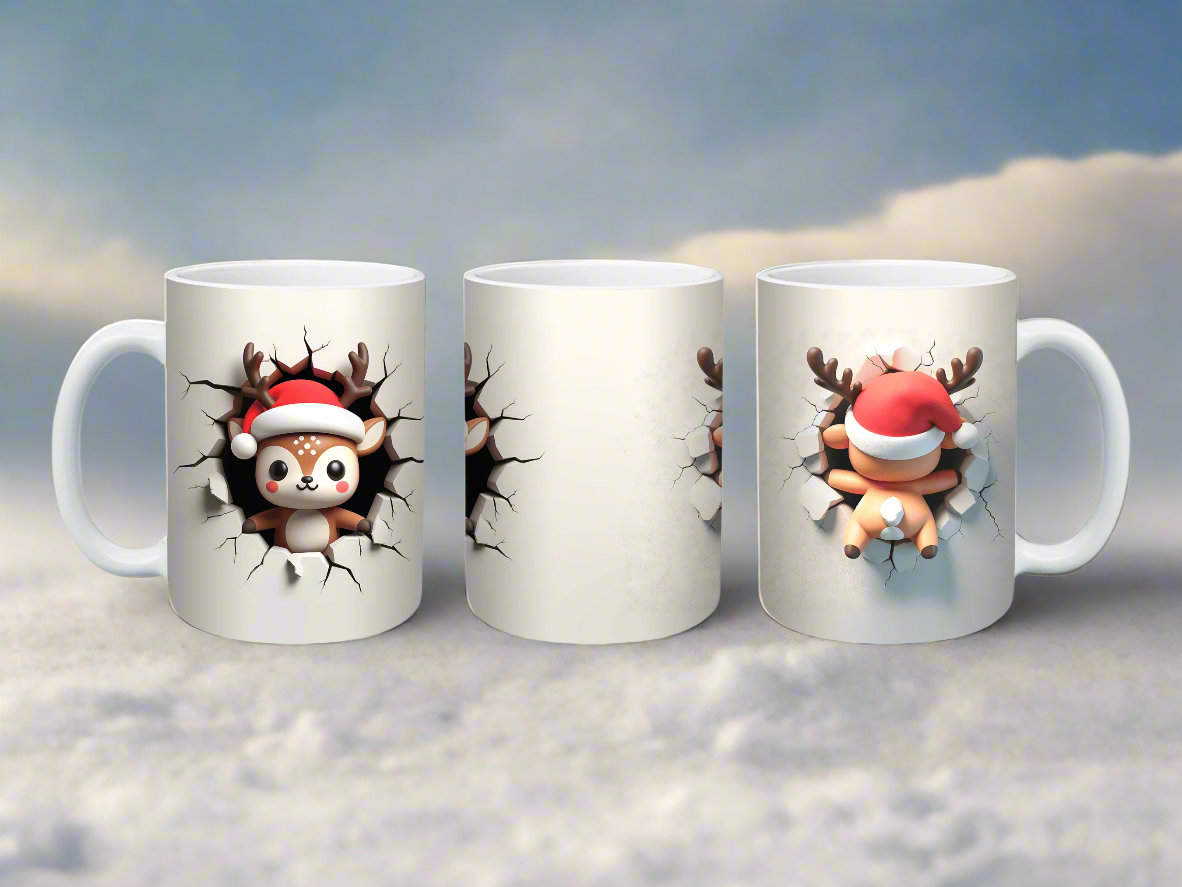 A festive mug featuring a 3D Reindeer smashing through the side of the mug.
