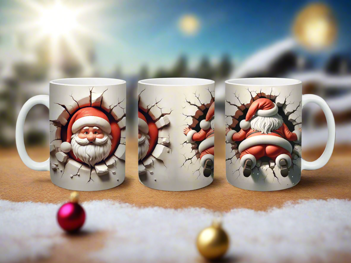 A festive mug featuring a 3D santa claus smashing through the side of the mug.