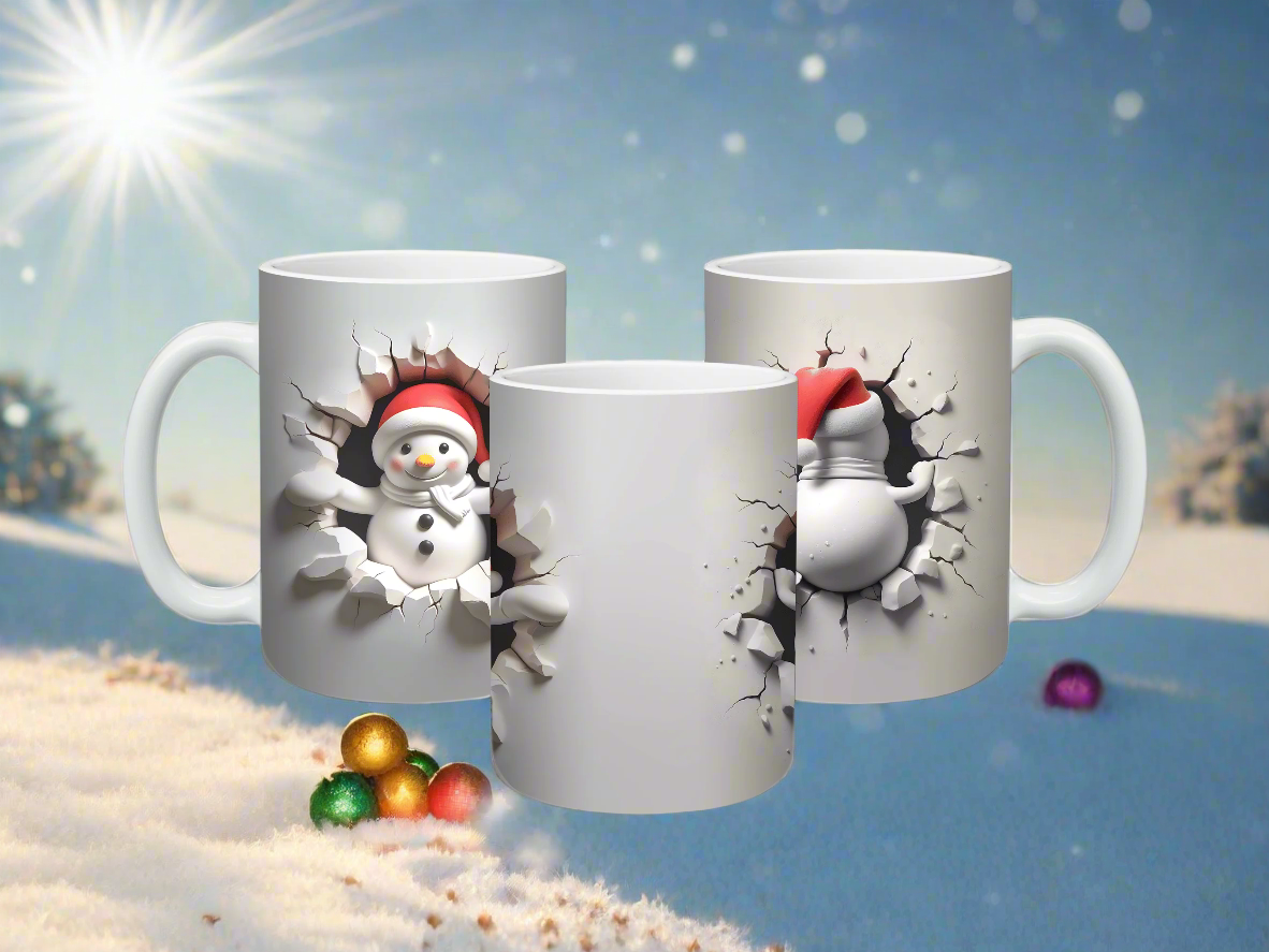 A festive mug featuring a 3D snowman man smashing through the side of the mug.
