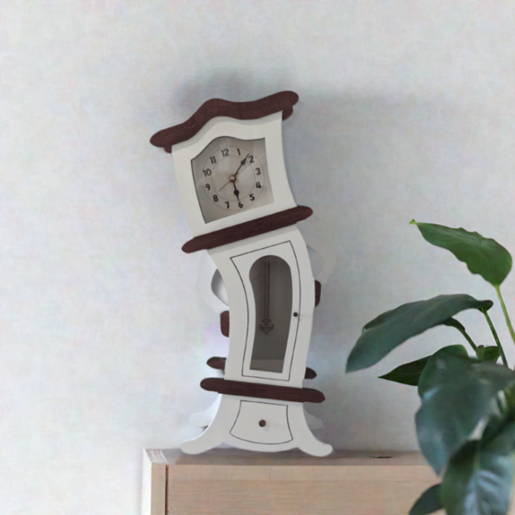 Tabletop tilting grandfather clock.