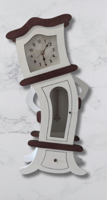 Tabletop tilting grandfather clock.