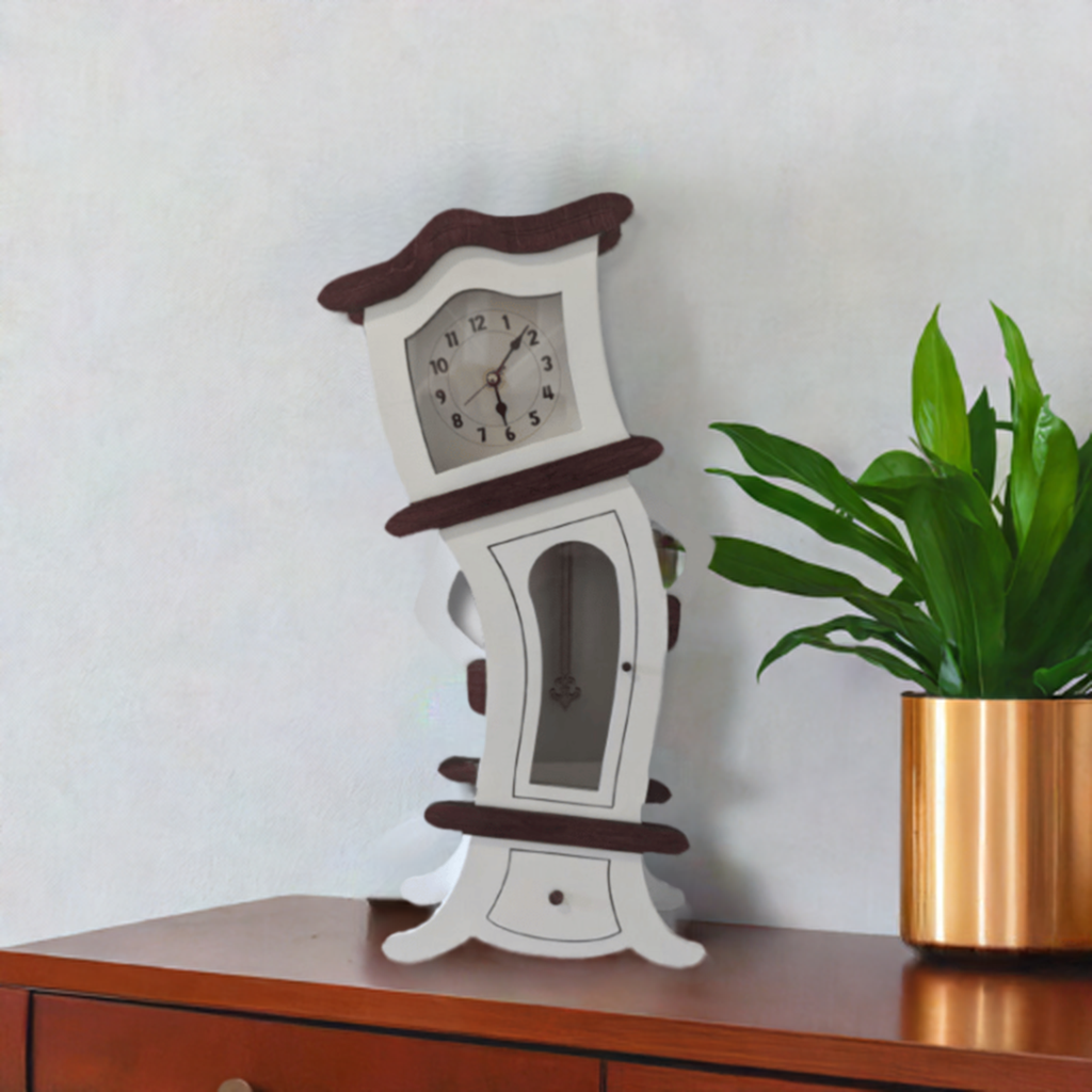 Tabletop tilting grandfather clock.