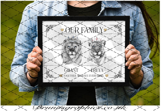 Personalised Lion Family or Couple A4/A3 black & white Print