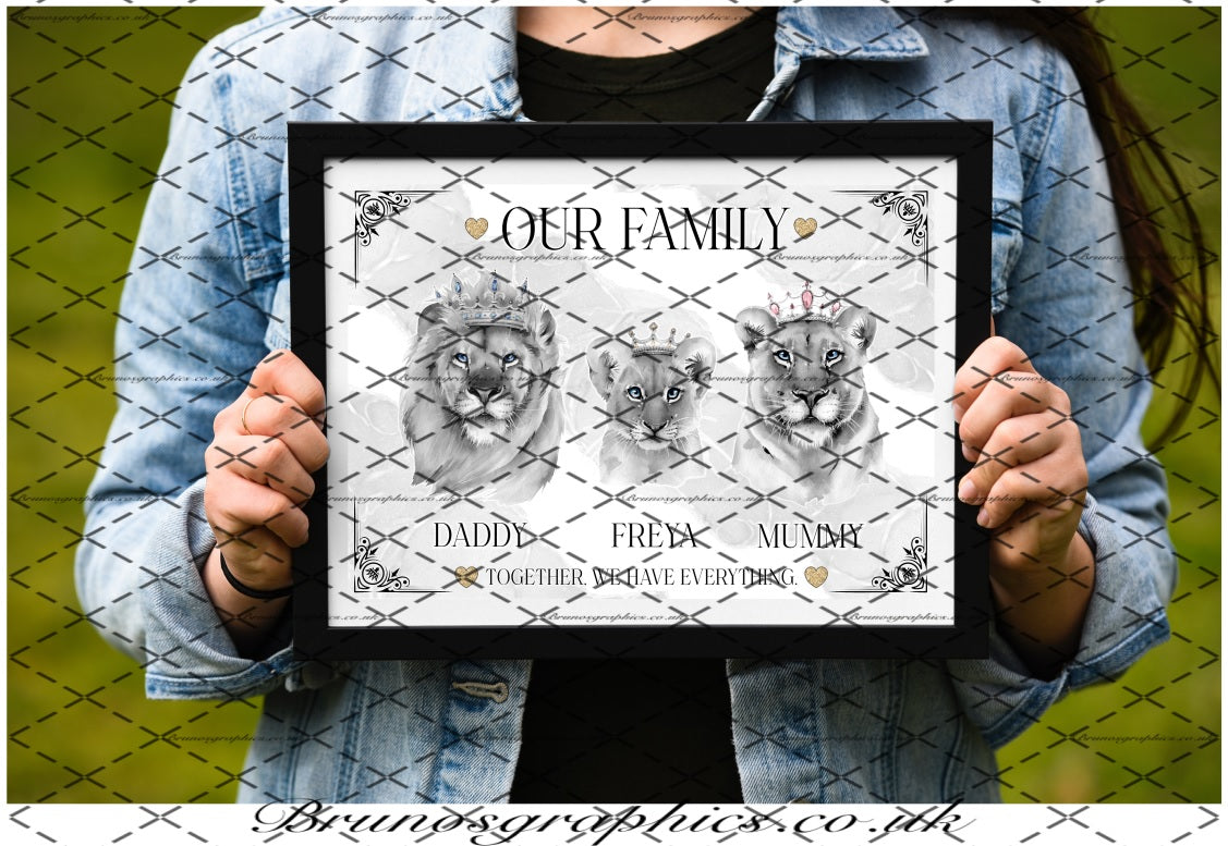 Personalised Lion Family or Couple A4/A3 black & white Print