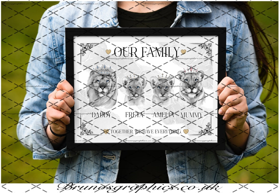 Personalised Lion Family or Couple A4/A3 black & white Print