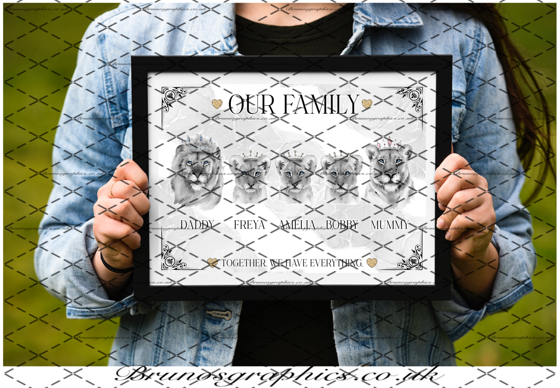 Personalised Lion Family or Couple A4/A3 black & white Print