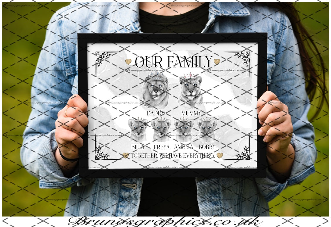 Personalised Lion Family or Couple A4/A3 black & white Print