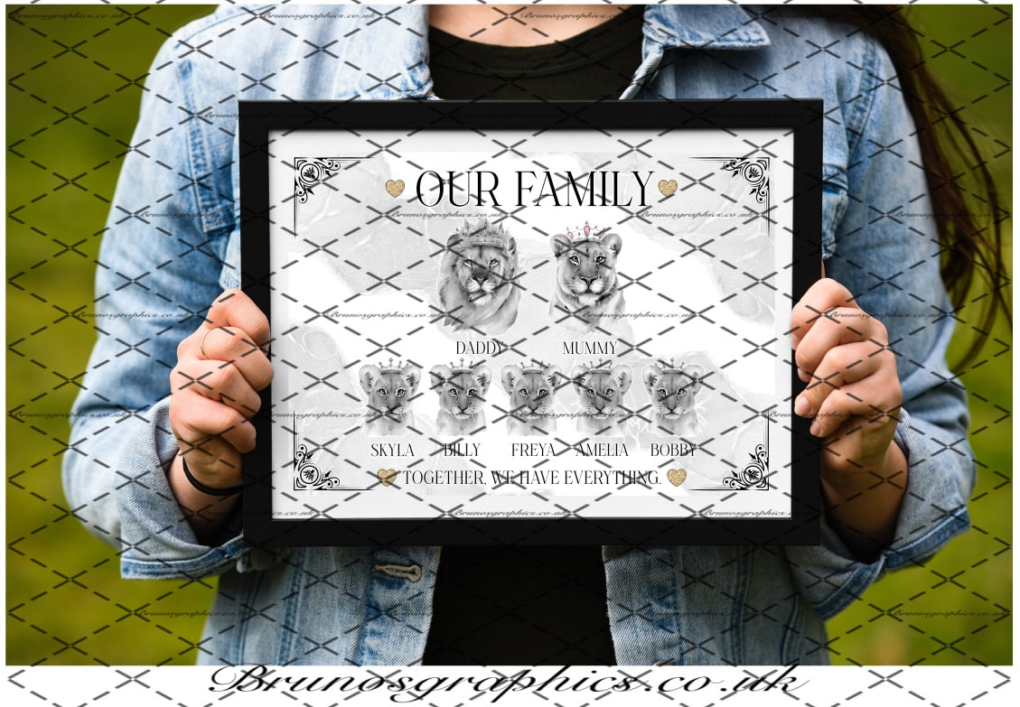 Personalised Lion Family or Couple A4/A3 black & white Print