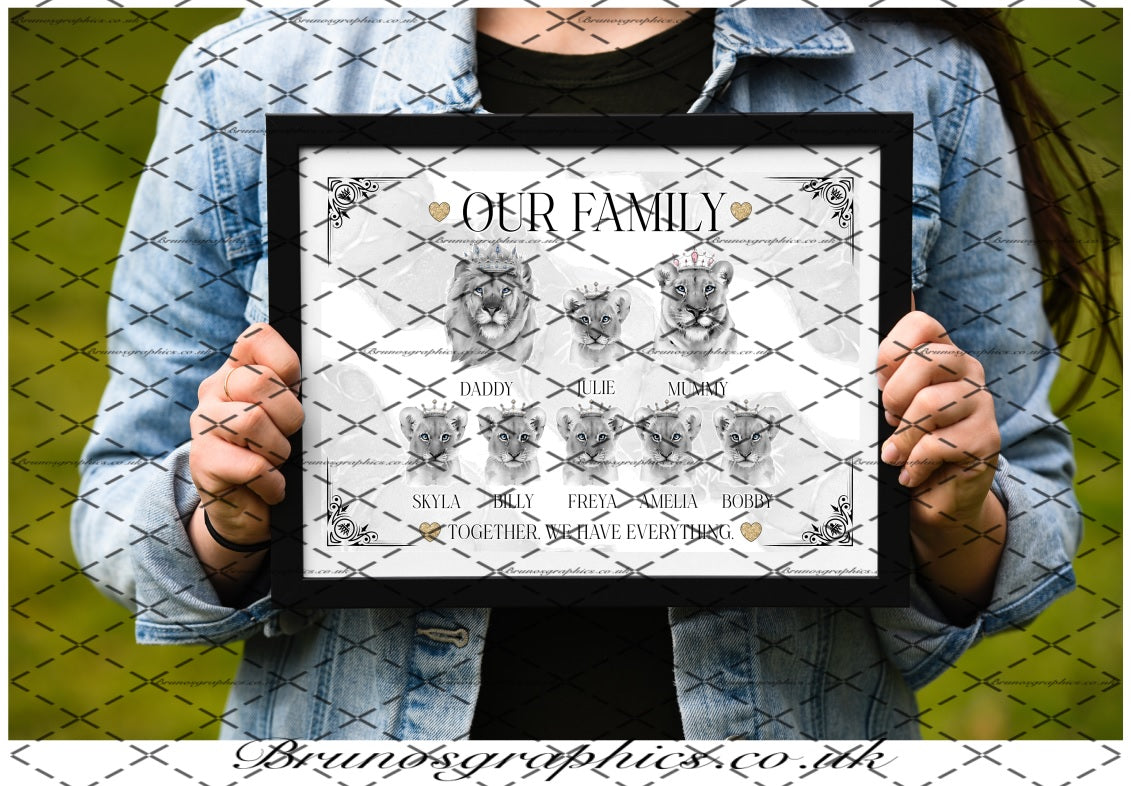 Personalised Lion Family or Couple A4/A3 black & white Print