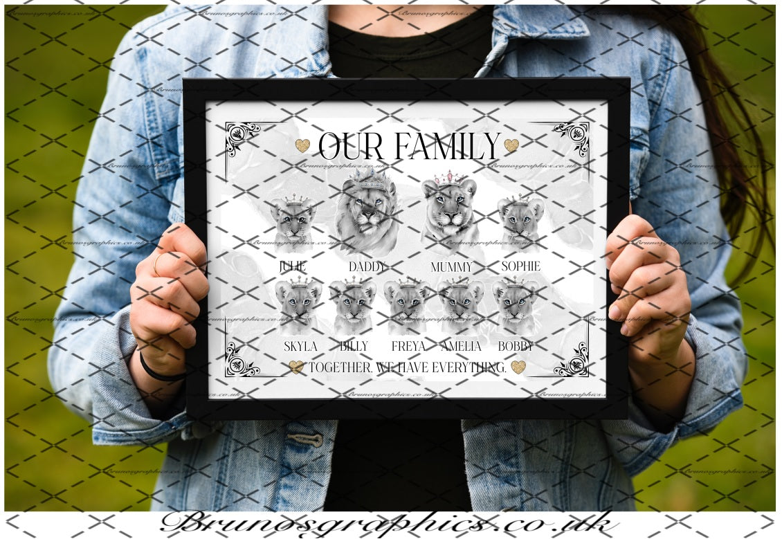 Personalised Lion Family or Couple A4/A3 black & white Print