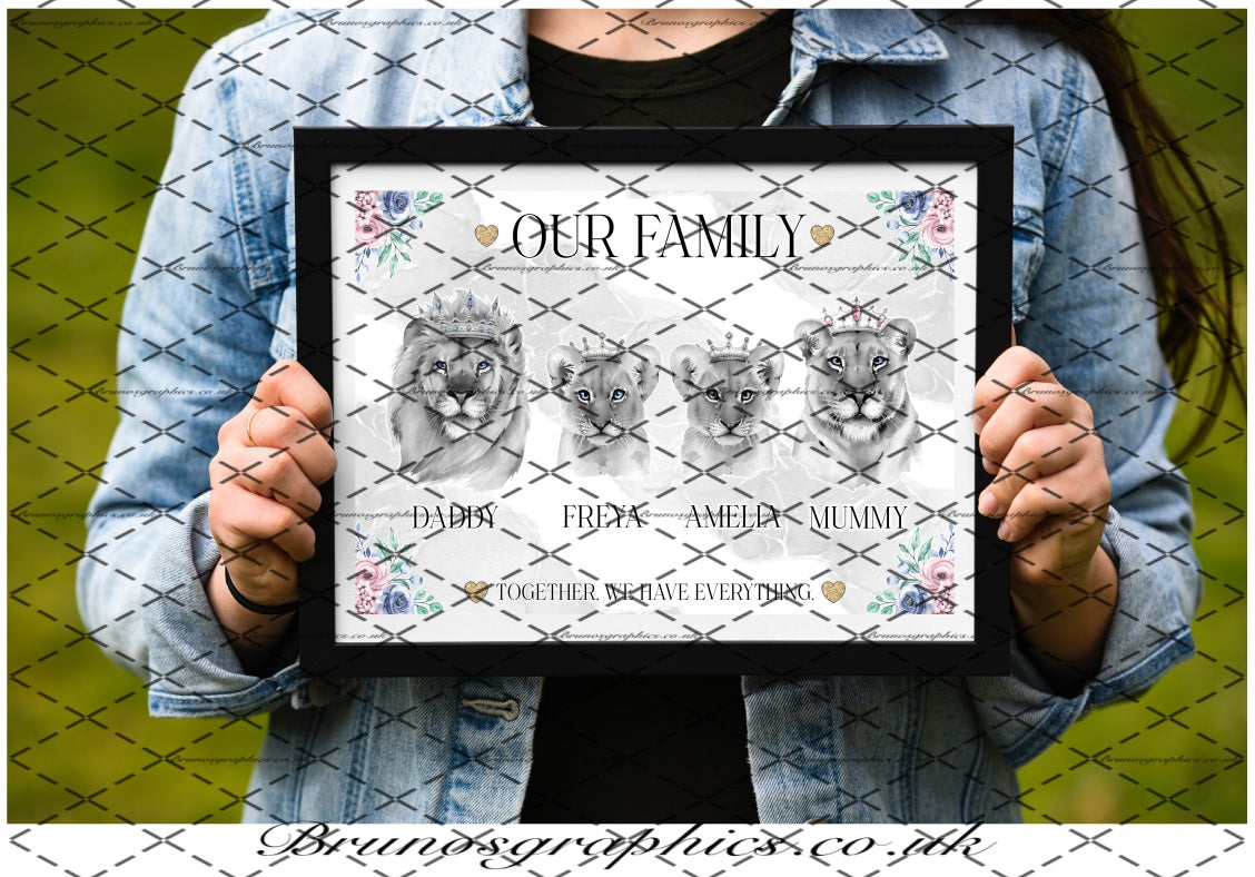 Personalised Lion Family or Couple A4/A3 Print with colourful flower corners