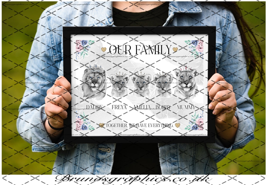 Personalised Lion Family or Couple A4/A3 Print with colourful flower corners