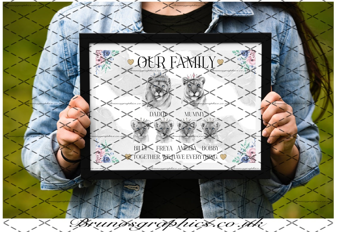 Personalised Lion Family or Couple A4/A3 Print with colourful flower corners