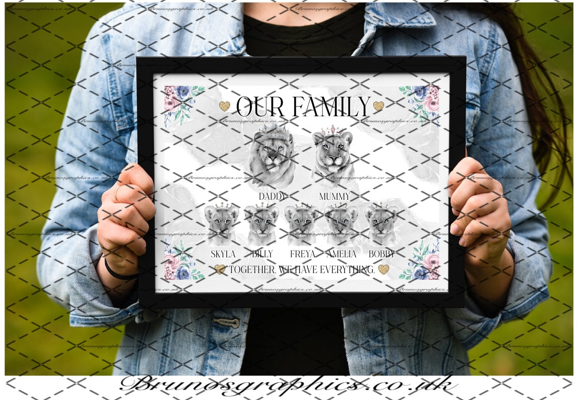 Personalised Lion Family or Couple A4/A3 Print with colourful flower corners