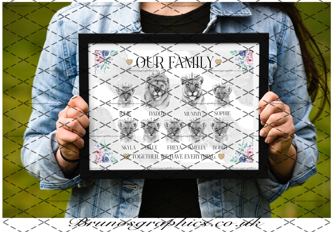 Personalised Lion Family or Couple A4/A3 Print with colourful flower corners