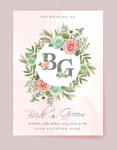 Elegant Pink & Green Roses Wedding Invitation,Birthday