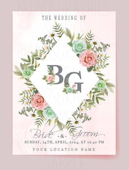 Elegant Pink & Green Roses Wedding Invitation,Birthday