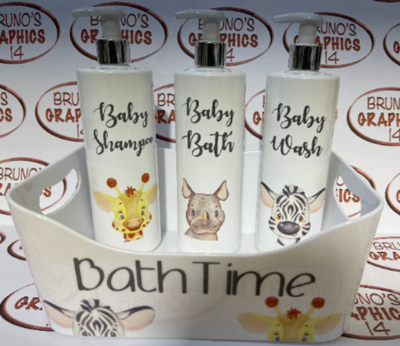 Personalised baby pump bottles nursery bath time 3 x 500ml bottles and storage box animals