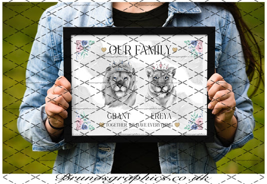 Personalised Lion Family or Couple A4/A3  Print with colourful flower corners