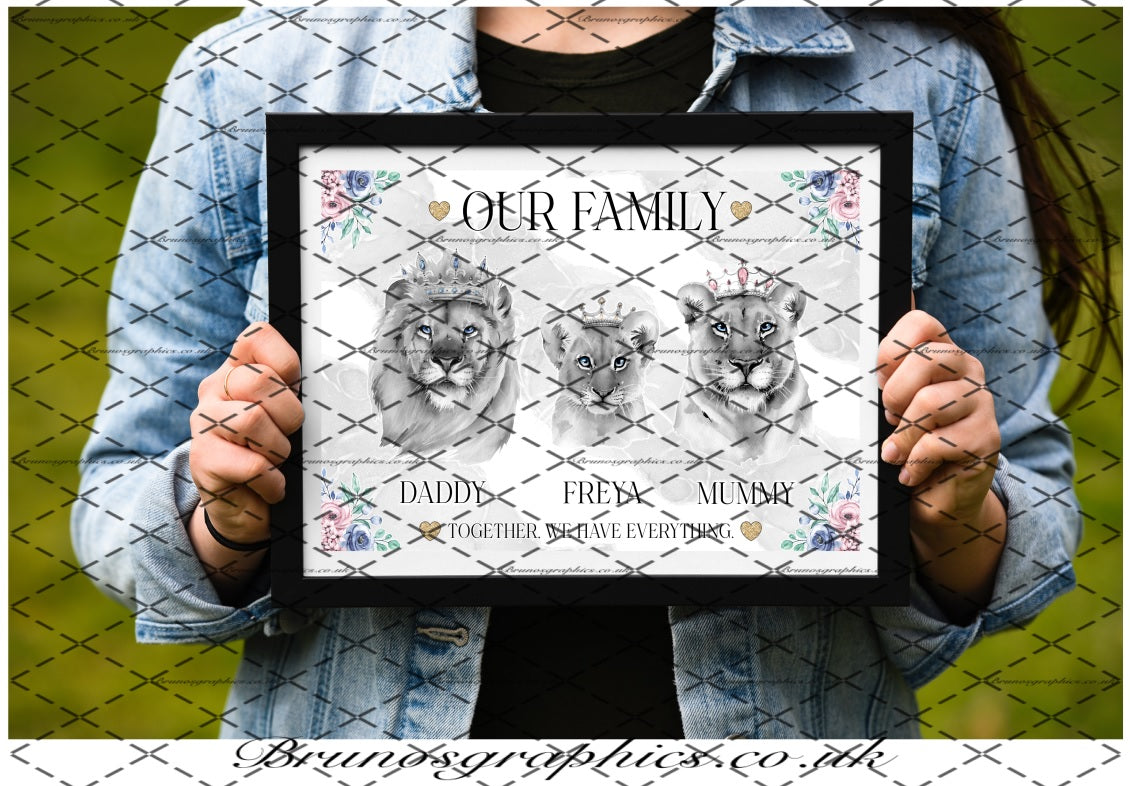 Personalised Lion Family or Couple A4/A3  Print with colourful flower corners