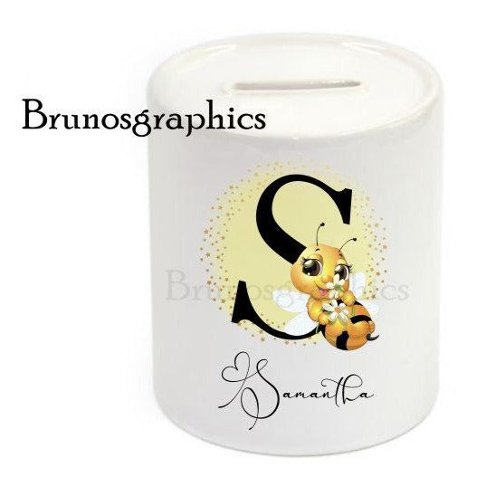 personalised ceramic bee money box, piggy bank,