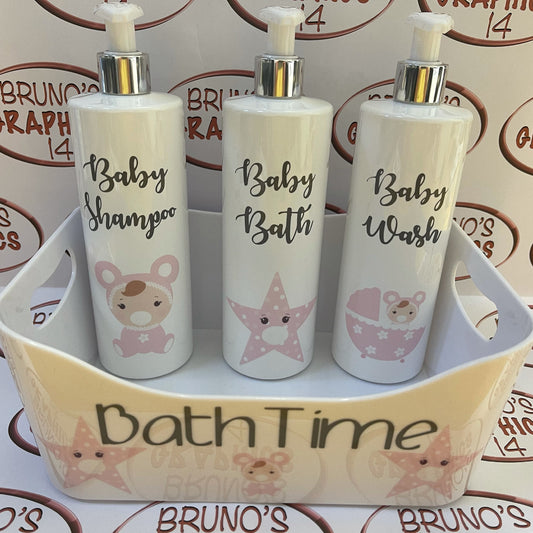 Personalised pink baby prints pump bottles nursery bath time 3 x 500ml bottles and storage box